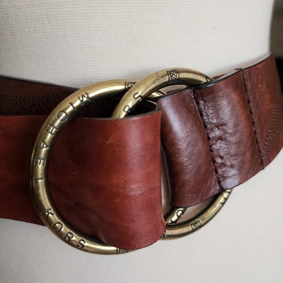 Michael Michael Kors Double Brass Ring Brown Leather Belt w/Decorative Stitching - Picture 9 of 15